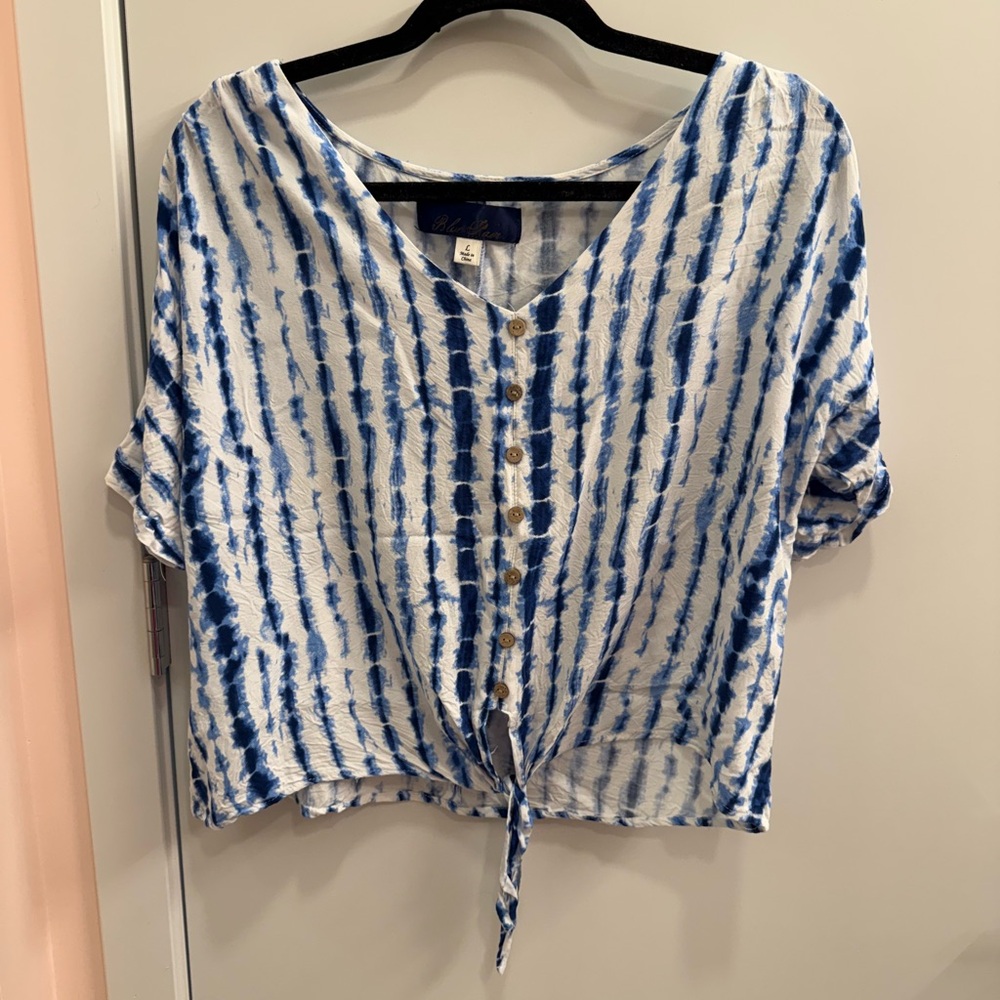 Blue and White Tie-Dye Button-Up Top